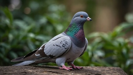 A close-up of a pigeon perched on a surface, showcasing its colorful plumage.