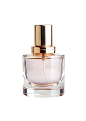 Clear glass perfume bottle with gold spray isolated on transparent background