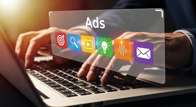 Effective Digital Advertising Campaign: Hands on Laptop with Ads Icons, Targeting, Search, Video, Idea, Email Marketing, Online Business Growth