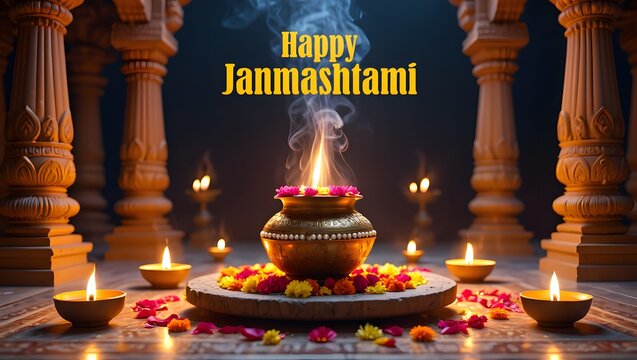 A festive janmashtami scene with diyas oil lamps, flower decorations, and a decorated pot, symbolizing devotion and celebration of lord krishna - Powered by Adobe