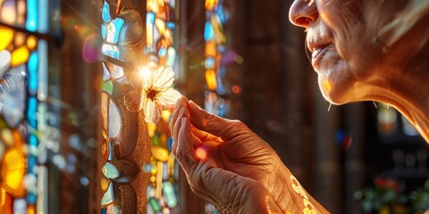 Elderly woman examining dried flower near stained glass window