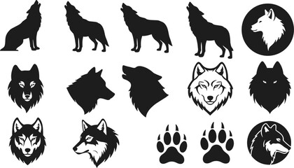 Wolf vector icon set, various silhouettes and portraits of a howling wolf, isolated on white background with different styles, black and white flat illustration.