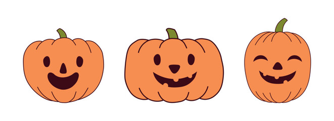 Halloween pumpkin, jack o lantern with carved face, isolated on transparent. Hand drawn line vector illustration. Funny cartoon character. Holiday design elements collection, clip art set, banner