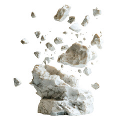 White stone fragments explode from a larger rock against a black background a dramatic visual