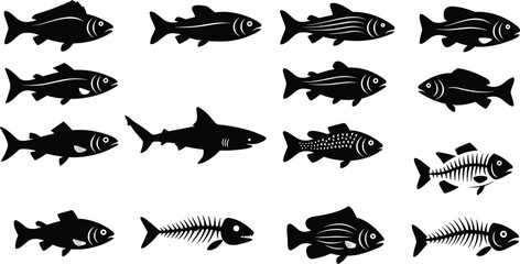 Fish vector icon set, silhouette of sea creatures for design and print, isolated on white background with various species and styles, black and white flat illustration.
