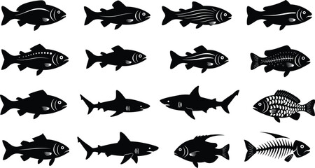 Fish vector icon set, silhouette of sea creatures for design and print, isolated on white background with various species and styles, black and white flat illustration.