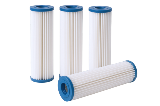 Set of Four Pleated Cartridge Water Filters with Blue End Caps, Isolated on a Black Background