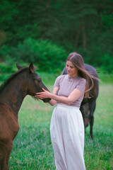 A young woman and her icelandic horse working and cuddle together. Woman lovingly pets a horse in a sunlit field at dusk