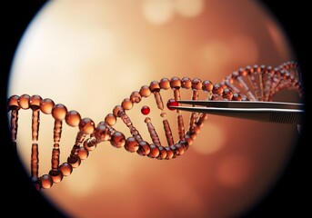 Red and gold DNA strand with bead like structure, genetic engineering and CRISPR gene editing concept with tweezers removing molecule for biotechnology and medical research