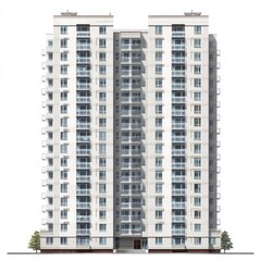 Obraz premium Front view of a modern apartment building. Tall, multi-story structure with multiple units. Light colored facade, visible balconies. Isolated on white background
