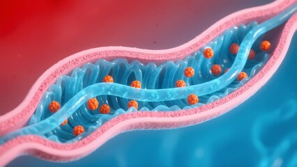 Futuristic 3D mitochondrion cross section with smooth blue cristae and orange particle clusters, conceptual ATP synthesis and bioenergetics illustration