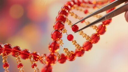 Orange transparent DNA strand with molecule removal, conceptual CRISPR gene editing and AI based genetic engineering for biotechnology and medical innovation