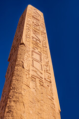 Columns with hieroglyphs inside the temple of Karnak, the great sanctuary of Amun. Egypt