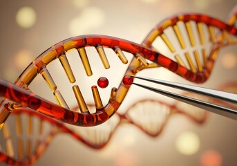 Red and gold DNA strand with bead like structure, genetic engineering and CRISPR gene editing concept with tweezers removing molecule for biotechnology and medical research
