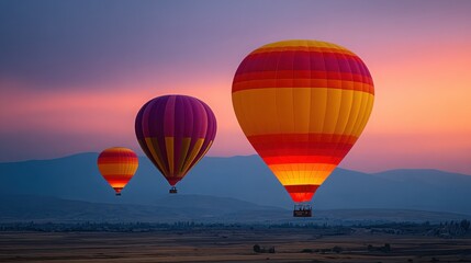 Fototapeta premium Three hot air balloons are flying in the sky, one of which is yellow