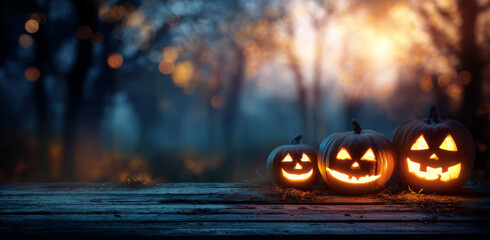 Haunted Forest Sunset: Jack-o'-Lanterns with Glowing Eyes on a Wooden Bench
