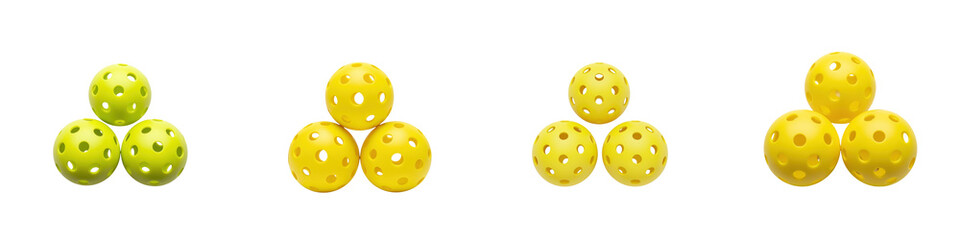 Obraz premium Pickleball balls in green and yellow colors arranged in groups of three with different sizes showing sport equipment variety