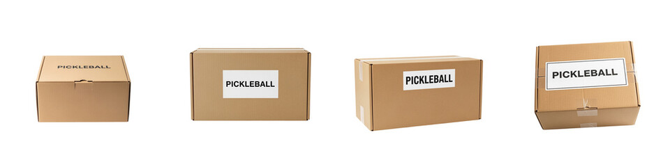 Pickleball labeled cardboard box set with different angles and positions isolated on transparency background for shipping and packaging concept