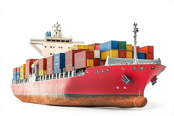 Large red cargo ship loaded with colorful shipping containers isolated on white background