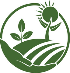 Illustration of a hand holding a growing plant with a sun, symbolizing sustainable agriculture and environmental care isolated on white background