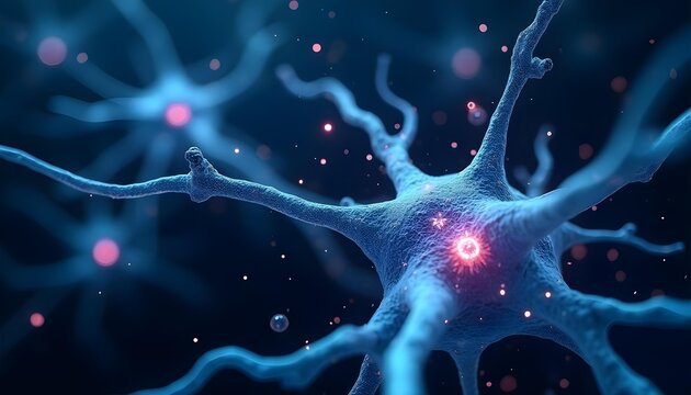 Detailed view of neurons with glowing synaptic points along dendrites, conceptual brain mapping and nerve signal pathways in scientific illustration