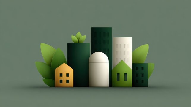 A green cityscape with houses and buildings, with a tree in the foreground