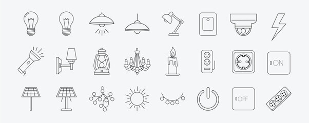 Lighting and Electricity Line Art Icon Set with Various Lamps, Bulbs, and Switches for Home Decor