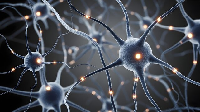 Detailed view of neurons with glowing synaptic points along dendrites, conceptual brain mapping and nerve signal pathways in scientific illustration