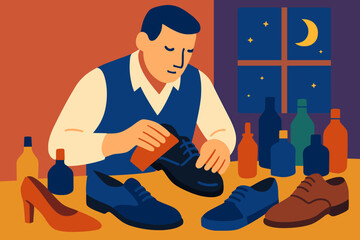 A skilled artisan meticulously crafts a shoe, and the illustrated scene captures the essence of craftsmanship