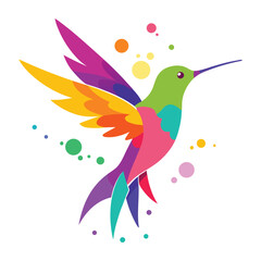 Vibrant colorful hummingbird in flight with outstretched wings and a long beak set against a white background with scattered paint splatters