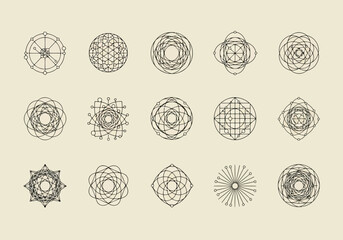 Vector art of set of 15 vintage geometric patterns and symbols with a grunge texture on a beige background