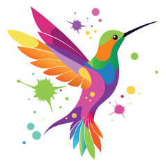 Vibrant and colorful hummingbird in mid flight with abstract paint splatters and splashes against a clean white background symbolizing energy and joy