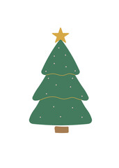 Simple flat Christmas tree illustration with a golden star on top and delicate decorations. Minimalist festive design perfect for holiday cards, posters, invitations, and seasonal projects.