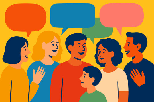 Multicultural dialogue represented by colored silhouettes and speech bubbles of multiethnic individuals symbolizes communication across diverse cultures, highlighting diversity, equality, and
