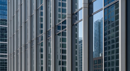 Fototapeta premium Modern skyscraper facade with repeating glass windows and reflections of the urban city skyline.