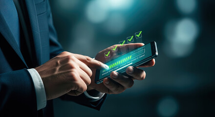 Businessman Using Smartphone with Progress Bar and Checkmarks, Digital Workflow Automation, Task Management, and Business Process Optimization Concept