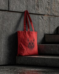 Red tote bag, urban steps, graphic design.  Possible use product display