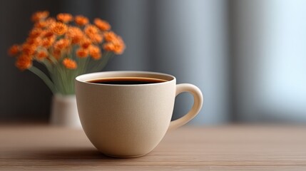 Obraz premium A white coffee cup with a floral arrangement on the table
