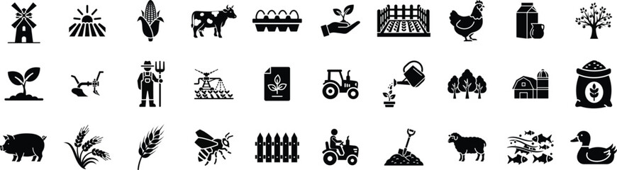 Farming, agriculture icon set. Vector glyph pictograms of tractor, barn, greenhouse, livestock, wheat, crop cultivation, livestock, and sustainable farm black silhouette illustration.