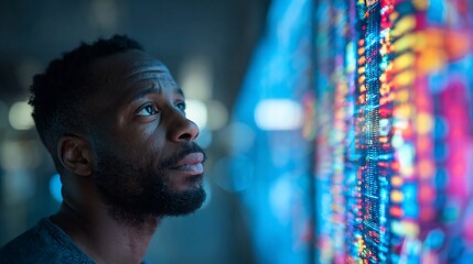Black Man Studies Digital Data Display in Futuristic Technological Environment.