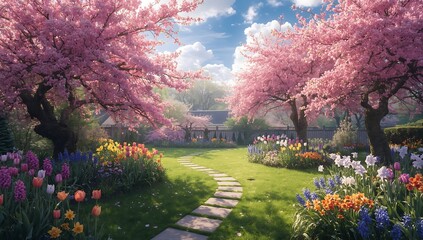 Obraz premium A serene garden path lined with blooming cherry trees and colorful flowers under a bright sky