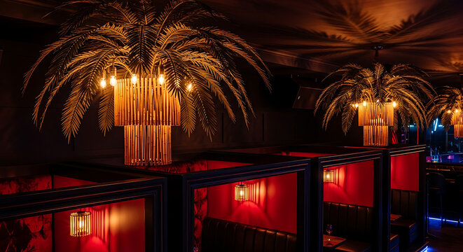 Illuminated palm tree chandeliers over red booths in a dark upscale bar interior setting for patrons to enjoy ai generated