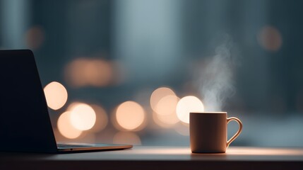  blurred image of a night study session with an open laptop, coffee cup steam