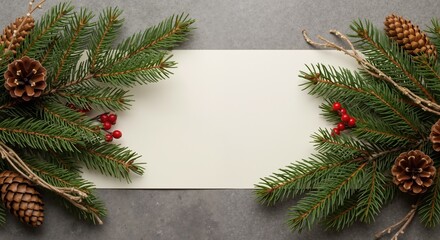Pine branches with pinecones creating natural Christmas frame on white background. Fresh evergreen needles with red berries forming festive border. Winter holiday decoration concept