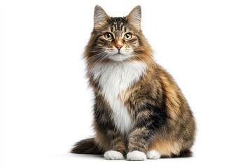 Obraz premium Norwegian Forest cat sitting calmly in a bright setting, displaying its lush fur and captivating gaze, showcasing its regal presence and unique markings