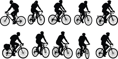 Fototapeta premium Cyclist silhouette set, bike riding poses, backpack commuters, urban transport clipart, fitness vector icons, travel illustration bundle