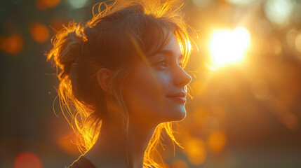 Golden hour portrait of a young woman, sunlit and serene, enjoying the glow of a sunset. Soft lighting.