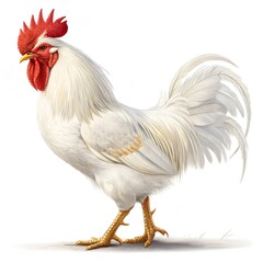 Fototapeta premium A white rooster stands proudly with a bright red comb and wattles. Its feathers are fluffy and well-groomed, showcasing its vibrant appearance.