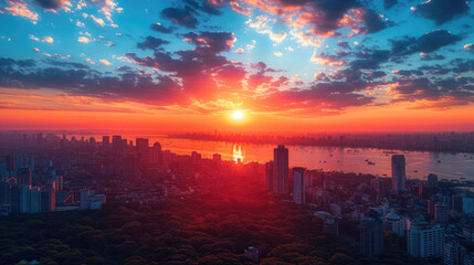 Fototapeta premium Sunrise over cityscape: A burst of radiant light illuminates the urban skyline and surrounding waters.