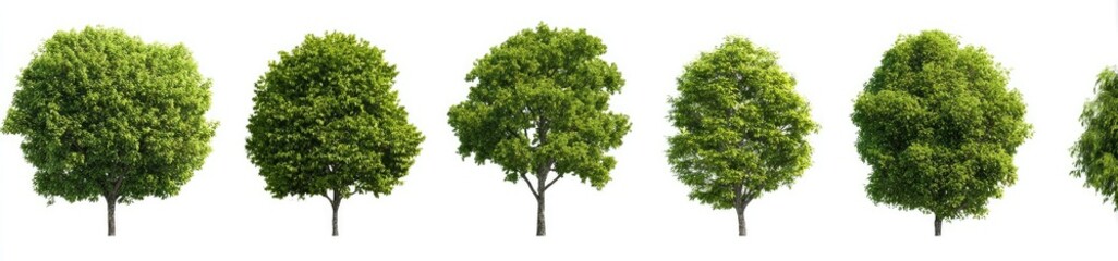 Multiple green trees isolated on white background